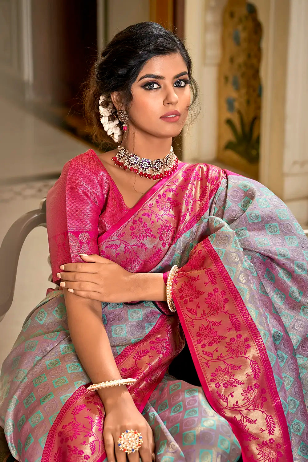 Gray &amp; Pink  Banarasi Handloom Saree With Zari Weaving