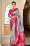 Gray & Pink  Banarasi Handloom Saree With Zari Weaving