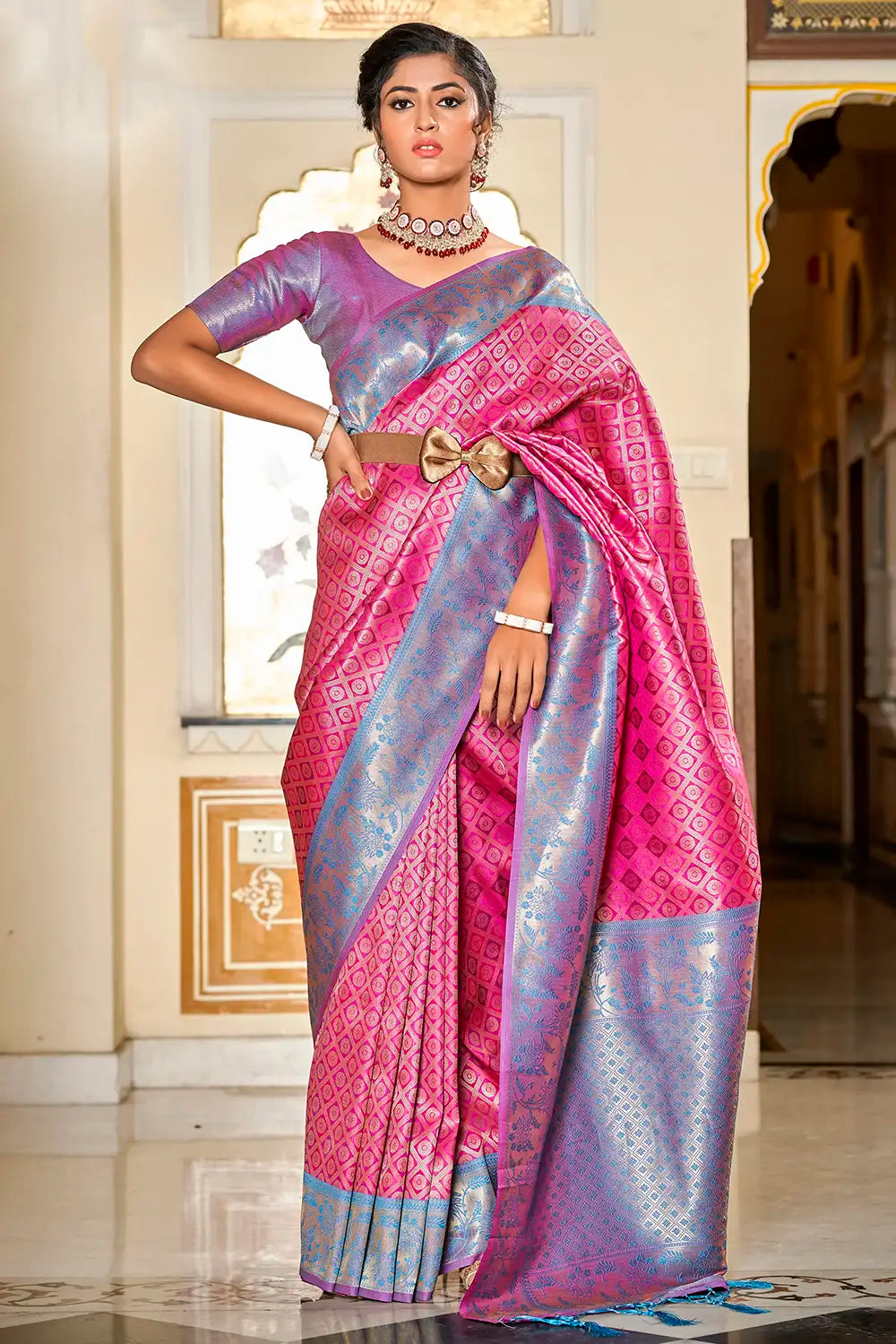 Rani Pink &amp; Blue Banarasi Handloom Saree With Zari Weaving