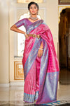 Rani Pink & Blue Banarasi Handloom Saree With Zari Weaving