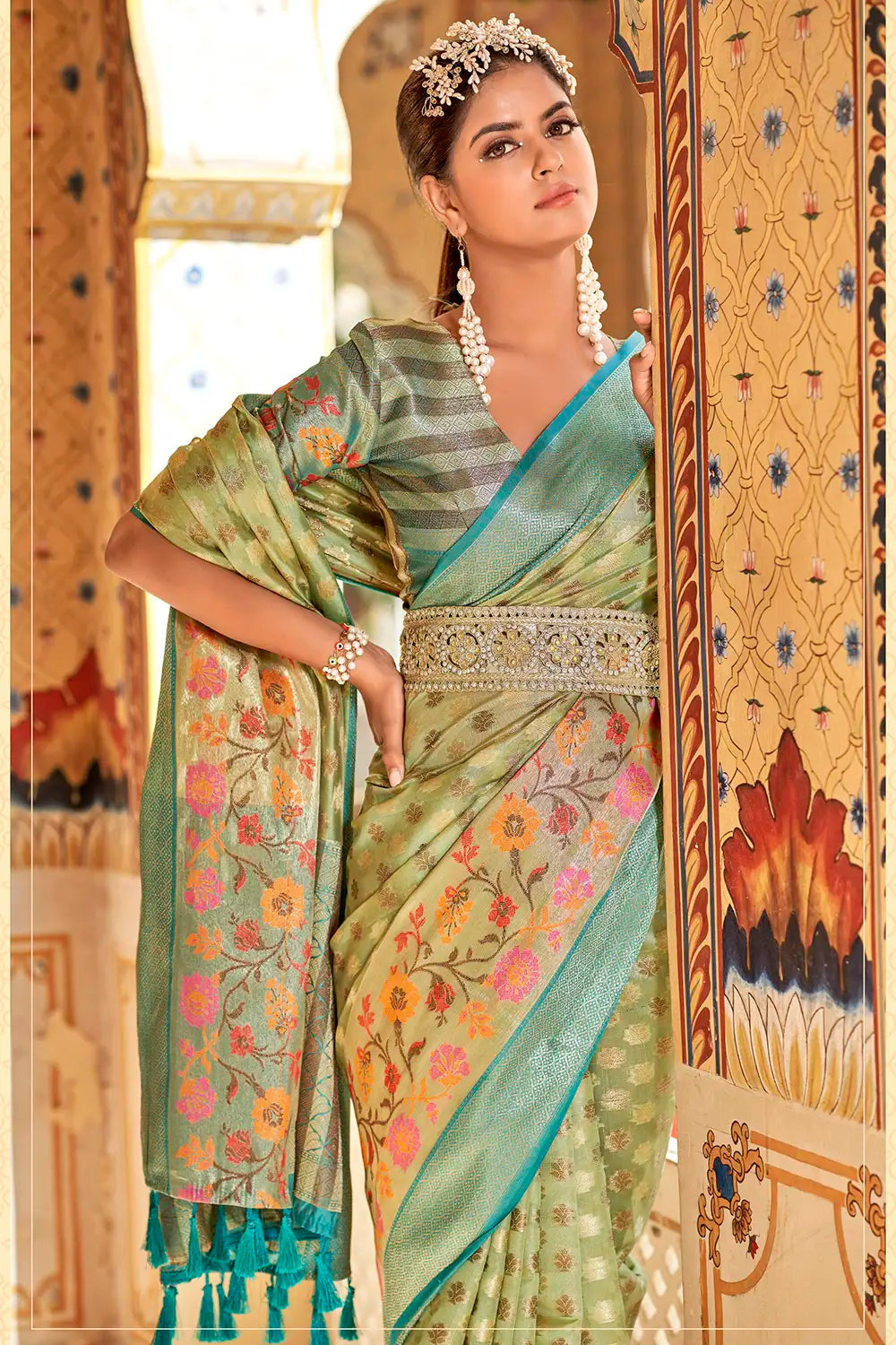 Green Banarasi Tissue Silk Saree With Zari Weaving