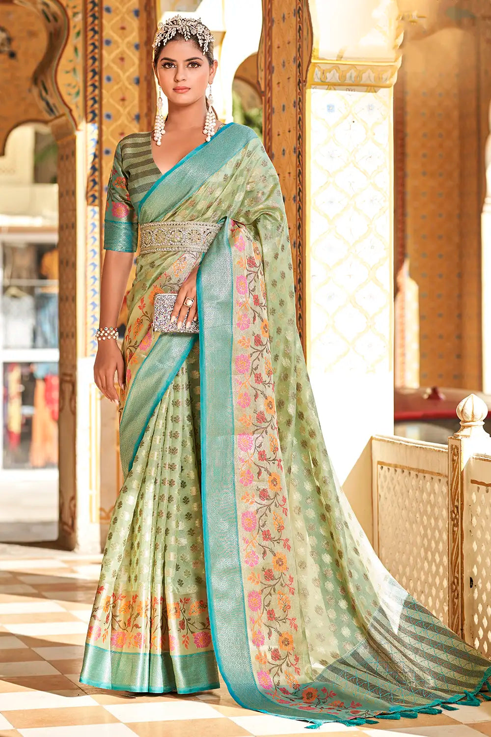 Green Banarasi Tissue Silk Saree With Zari Weaving