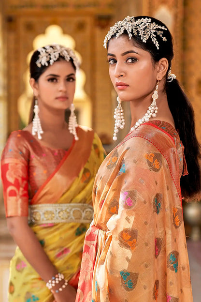 Peach Color Banarasi Tissue Silk Saree With Zari weaving