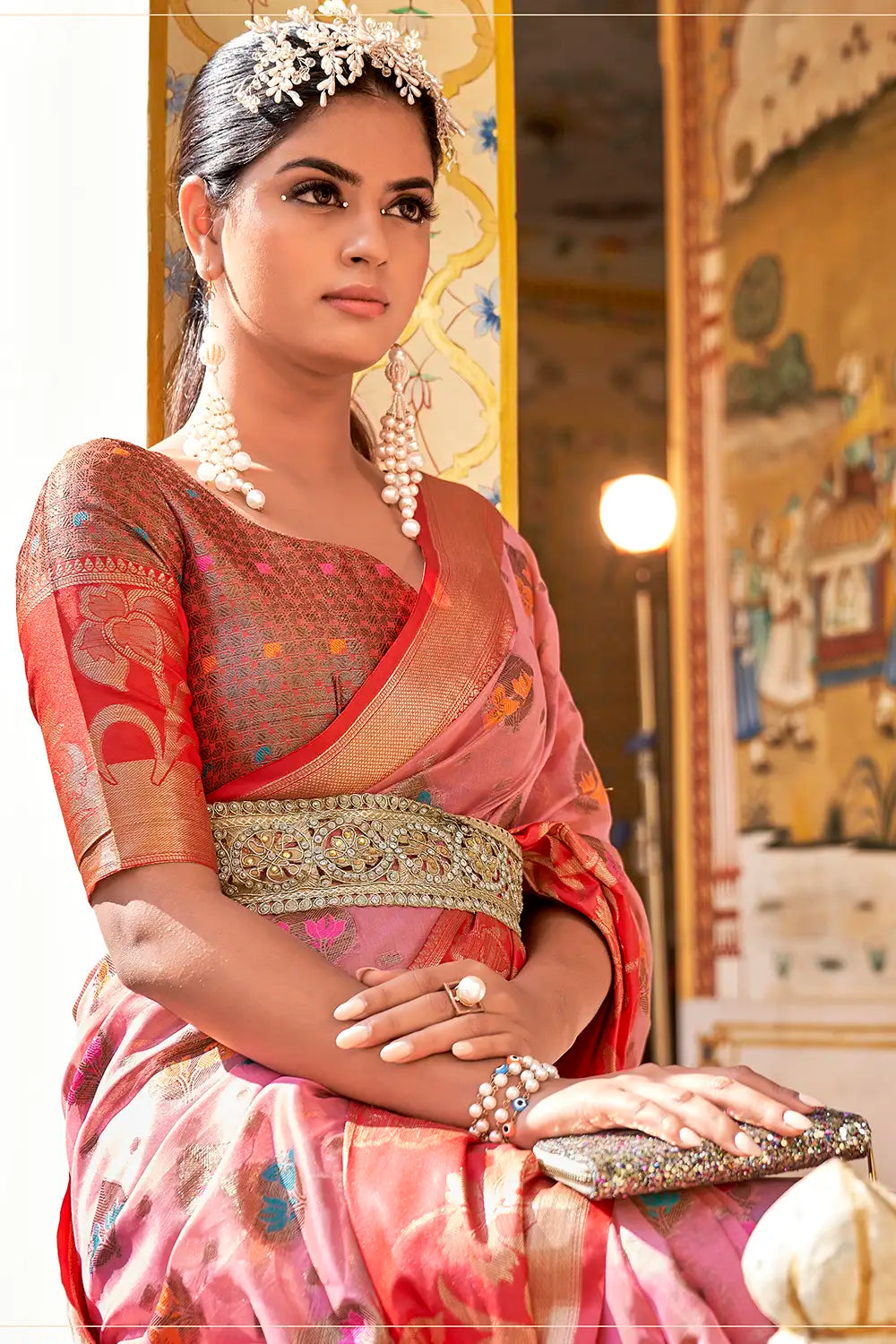 Light Pink Banarasi Tissue Silk Saree With Zari weaving