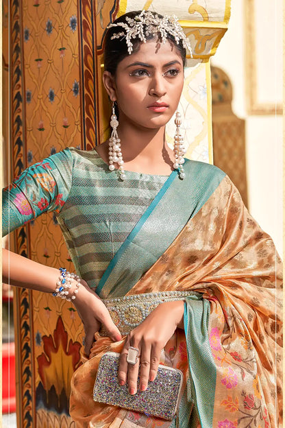 Light Orange Banarasi Tissue Silk Saree With Zari weaving
