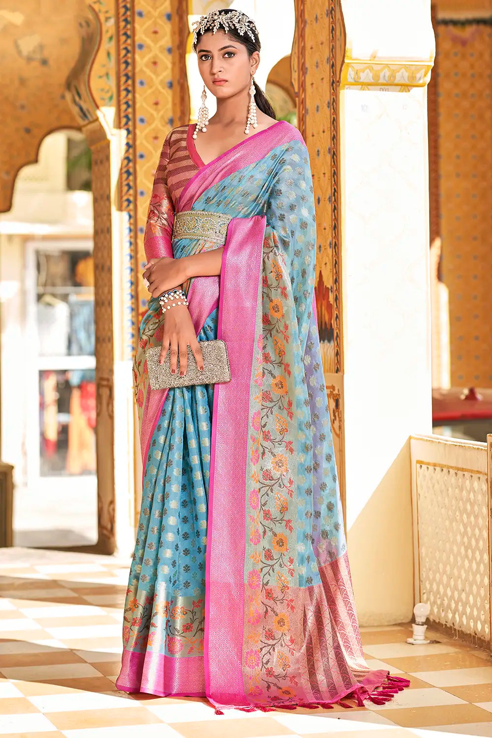 Light Blue Banarasi Tissue Silk Saree With Zari weaving