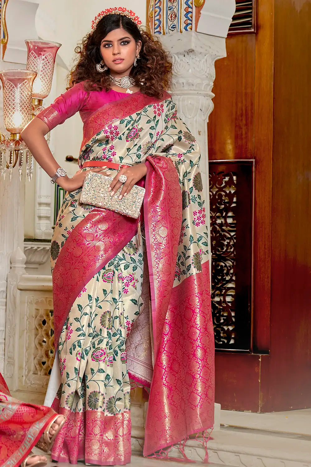 Off White &amp; Pink Banarasi Silk Saree With Zari Weaving