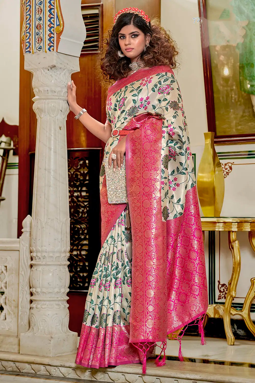 Off White &amp; Pink Banarasi Silk Saree With Zari Weaving