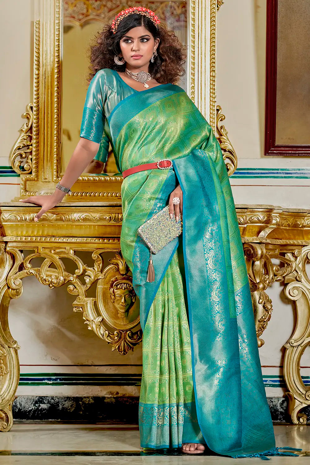 Light Green &amp; Sky Blue Banarasi Silk Saree With Zari Weaving