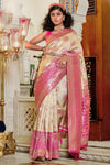 Cream & Pink Banarasi Silk Saree With Zari Weaving
