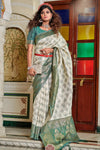 Off White & Green Banarasi Silk Saree With Zari Weaving