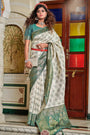 Off White & Green Banarasi Silk Saree With Zari Weaving