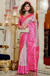 Off White & flamingo pink Banarasi Silk Saree With Zari Weaving