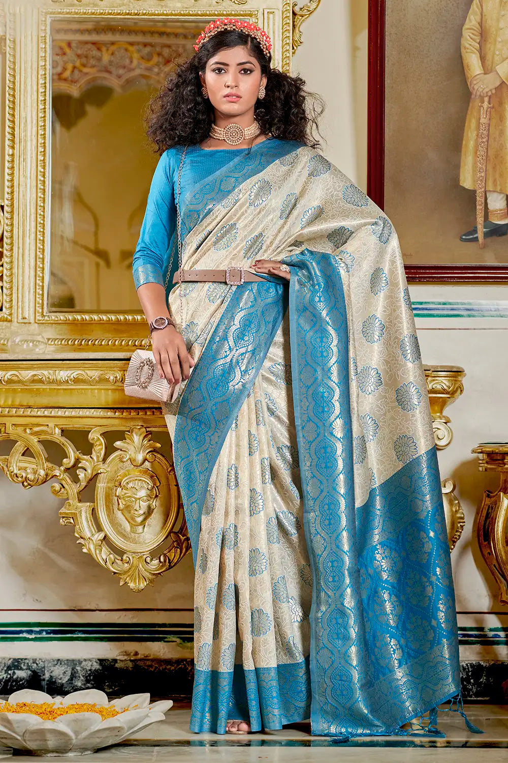 Cream &amp; Sky Blue Banarasi Silk Saree With Zari Weaving