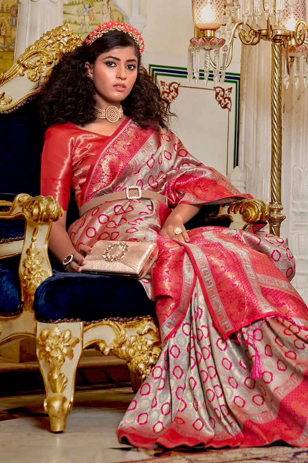 Off White &amp; Dark Pink Banarasi Silk Saree With Zari Weaving