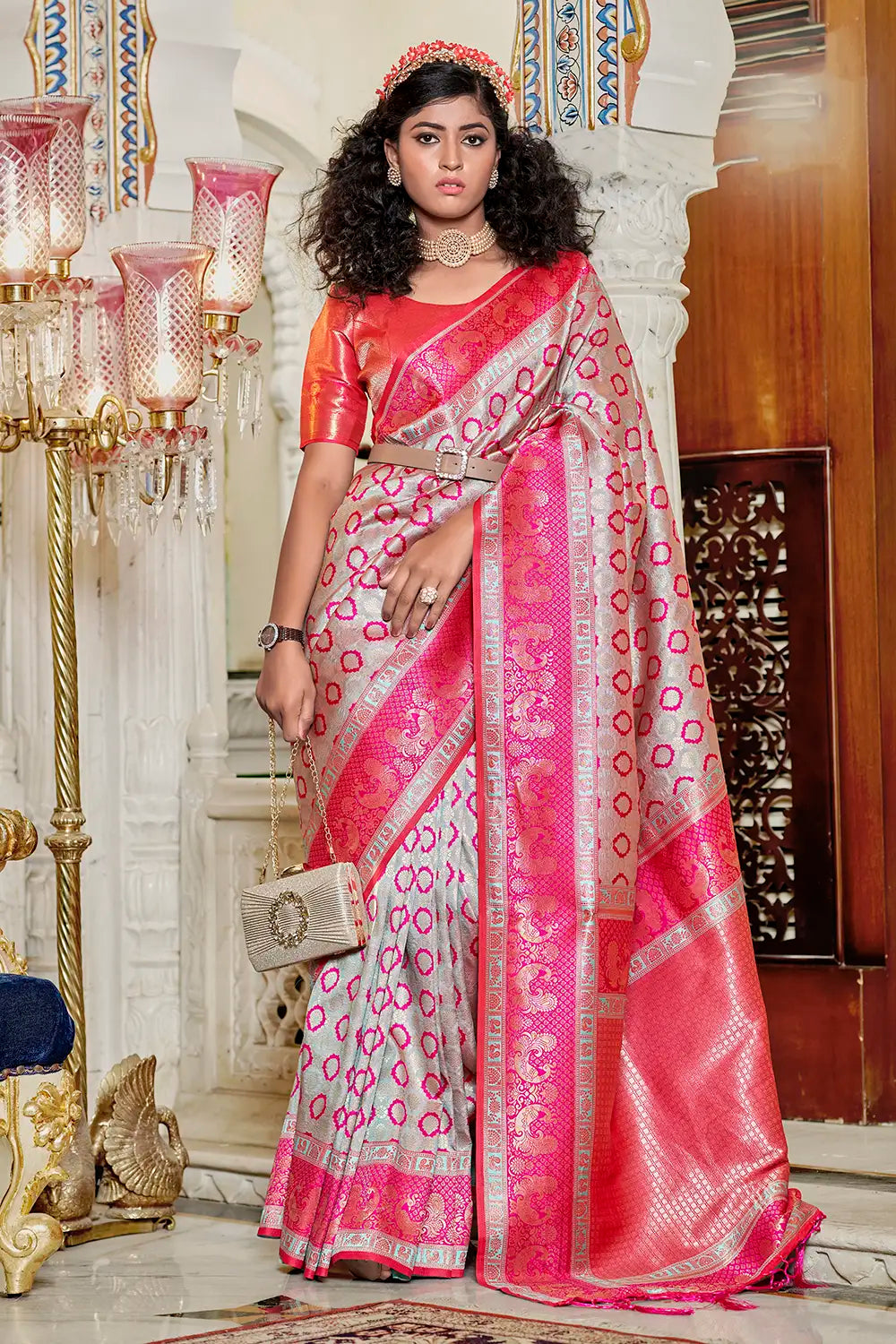 Off White &amp; Dark Pink Banarasi Silk Saree With Zari Weaving