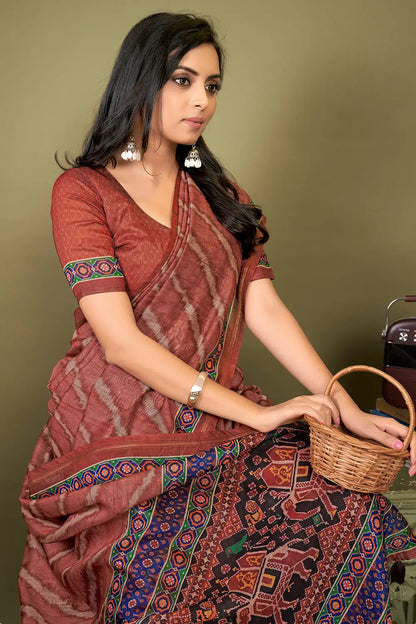 Brown Cotton Saree With Printed Work