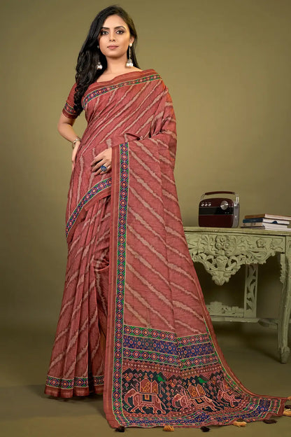 Brown Cotton Saree With Printed Work