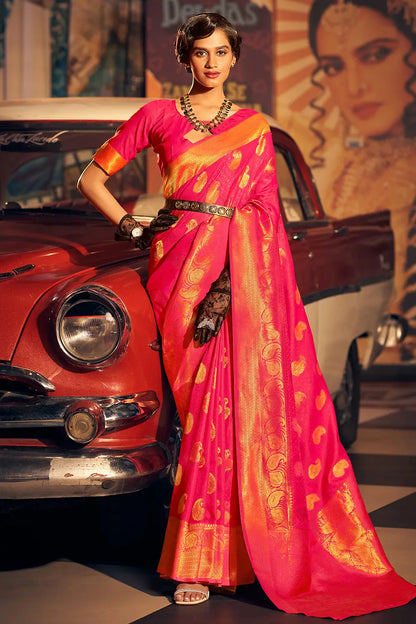 Pink Handloom Silk Saree With Zari Weaving