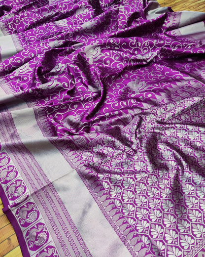 Violet Purple And Silver Zari Woven Kanjivaram Saree With Blouse - Bahuji - Premium Silk Sarees Online Shopping Store