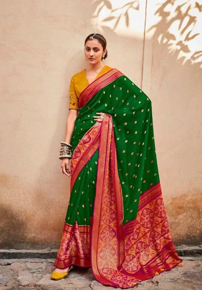 Green &amp; Red Combination Brasso Silk Saree With Work Blouse