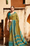Brasso Silk Corn Yellow And Sky color saree with Work Blouse