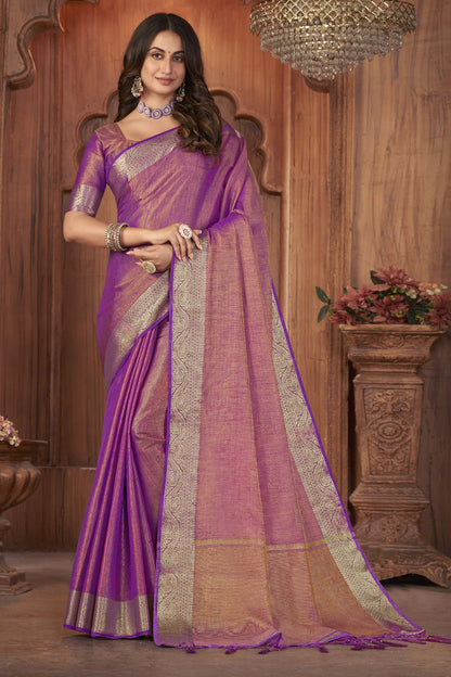 Beautiful Purple Coloured Soft Tissue Linen Saree
