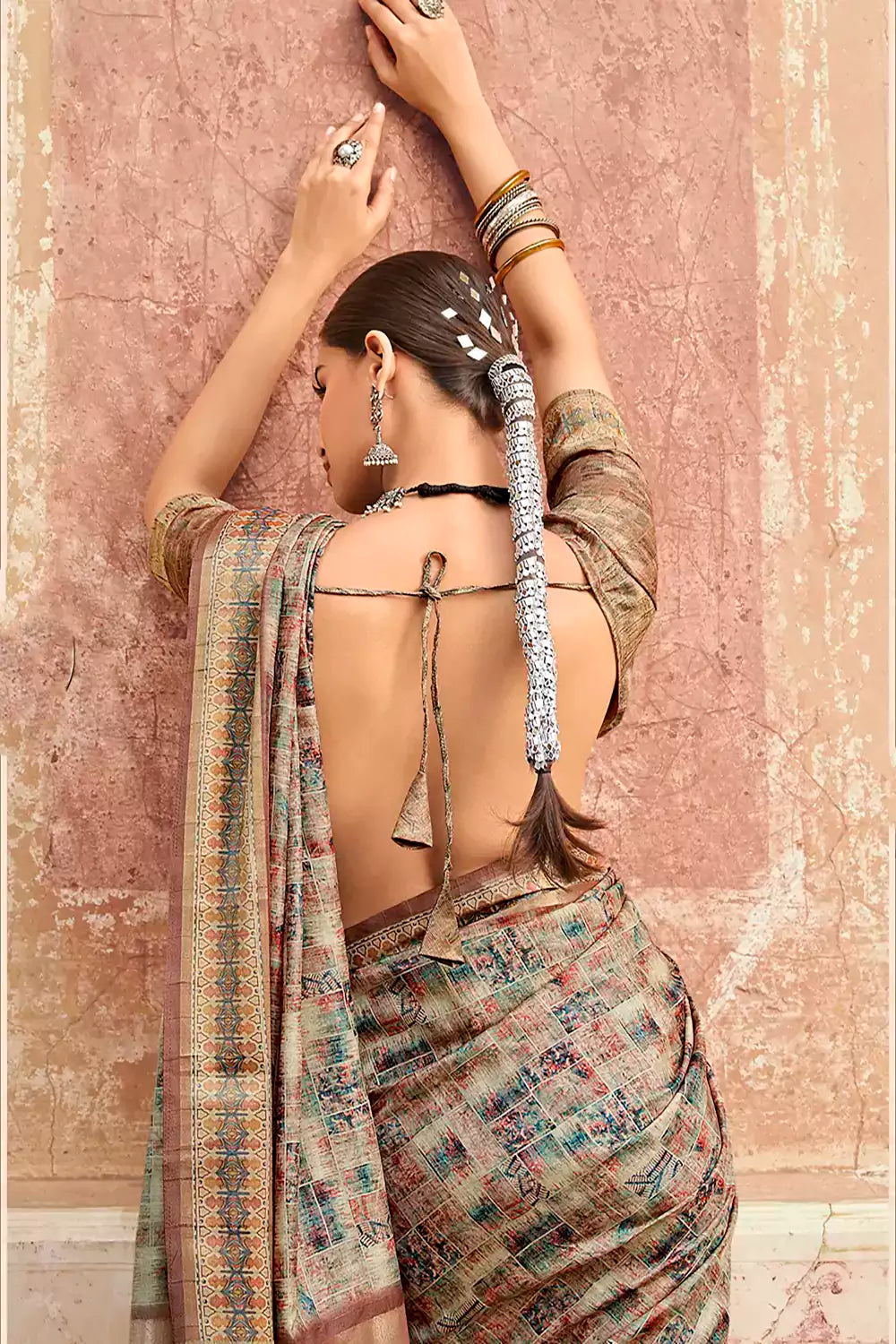 Stunning Almond Brown Printed Saree With Blouse