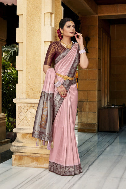 Powder Pink Soft Silk Saree With Weaving Work