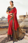 Stunning Hot Red Banarasi Silk Saree With Designer Blouse