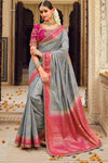 Stunning Cloud Grey Banarasi Silk Saree With Designer Blouse