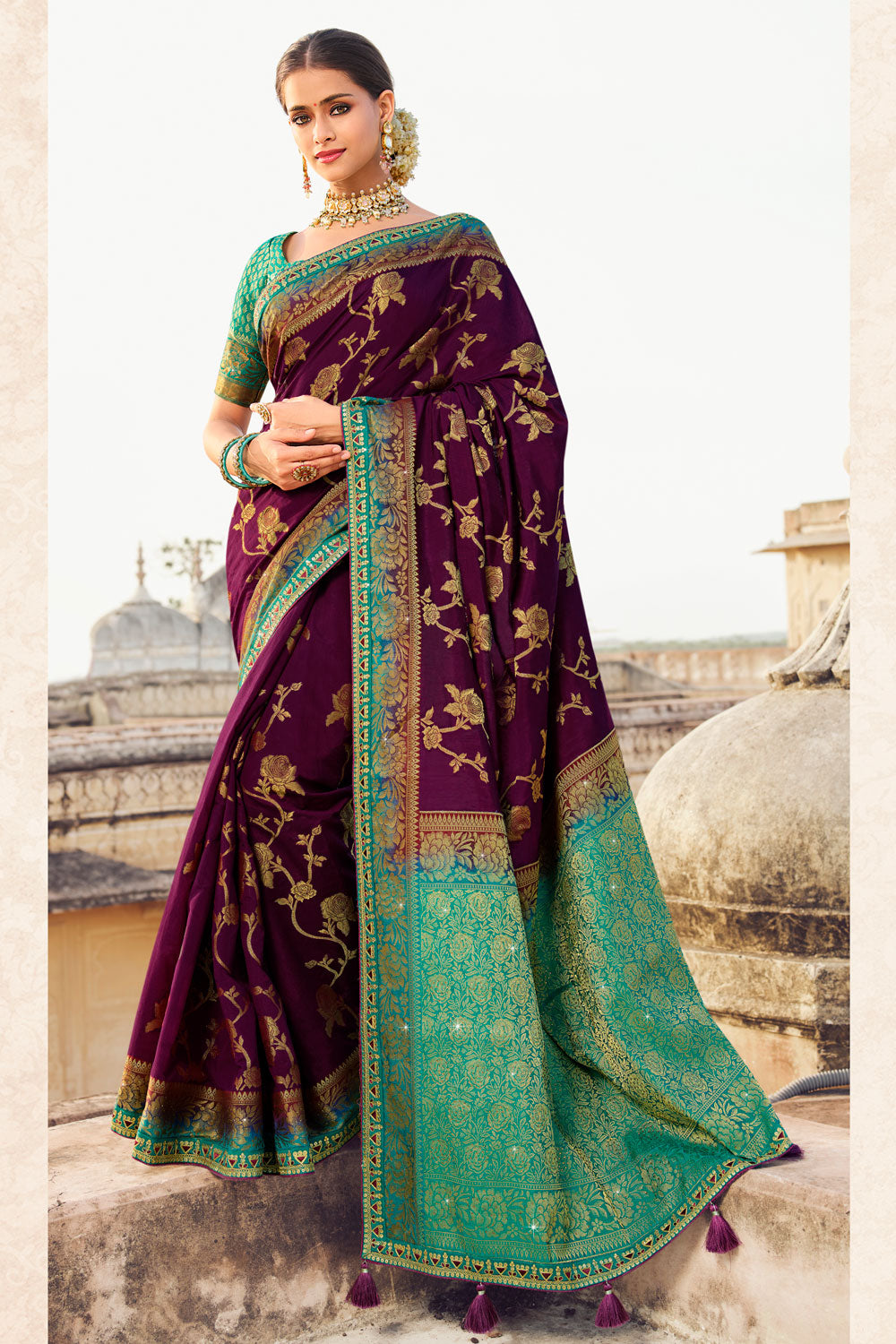 Enchanting Plum Purple Banarasi Silk Saree With Designer Blouse