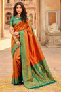 Exquisite Orange kanjivaram Silk Saree With Blouse