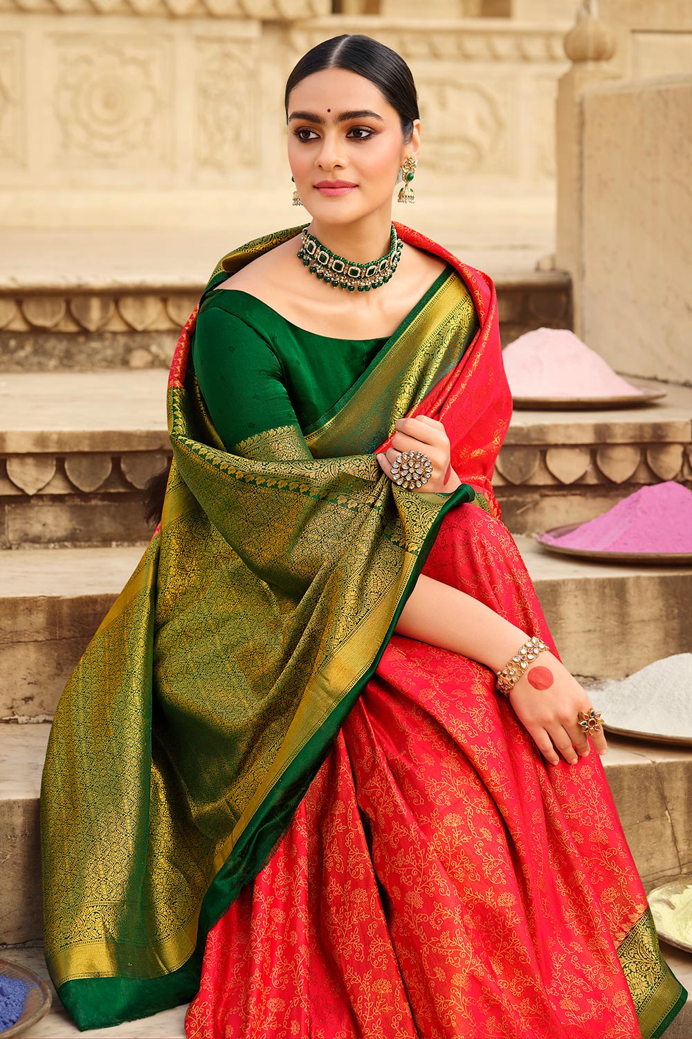 Red And Green Banarasi Silk Saree With Fancy Blouse
