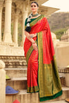 Red And Green Banarasi Silk Saree With Fancy Blouse