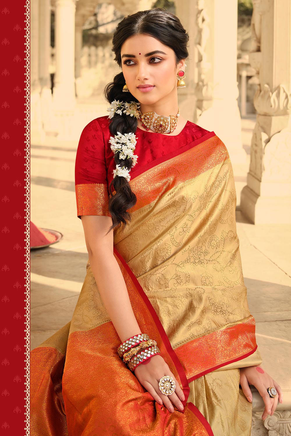Cream And Red Banarasi Silk Saree With Fancy Blouse