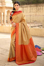 Cream And Red Banarasi Silk Saree With Fancy Blouse