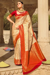 Shine Cream Banarasi Silk Saree With Beautiful Blouse