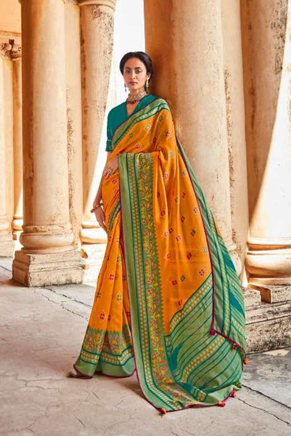 Mustard Yellow &amp; Rama Green Brasso Silk Saree With Embroidery Blouse