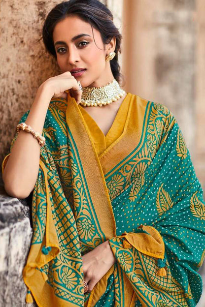 Pine Green Brasso Silk Saree With Embroidery Blouse