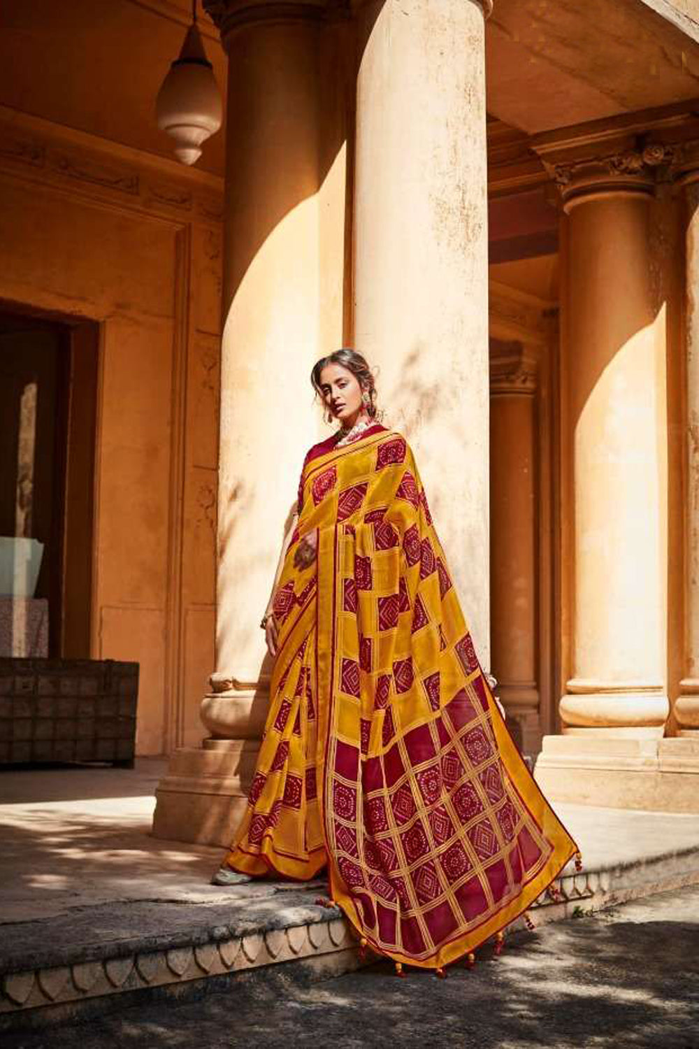 Selective yellow &amp; Red Brasso Silk Bandhani Design Saree