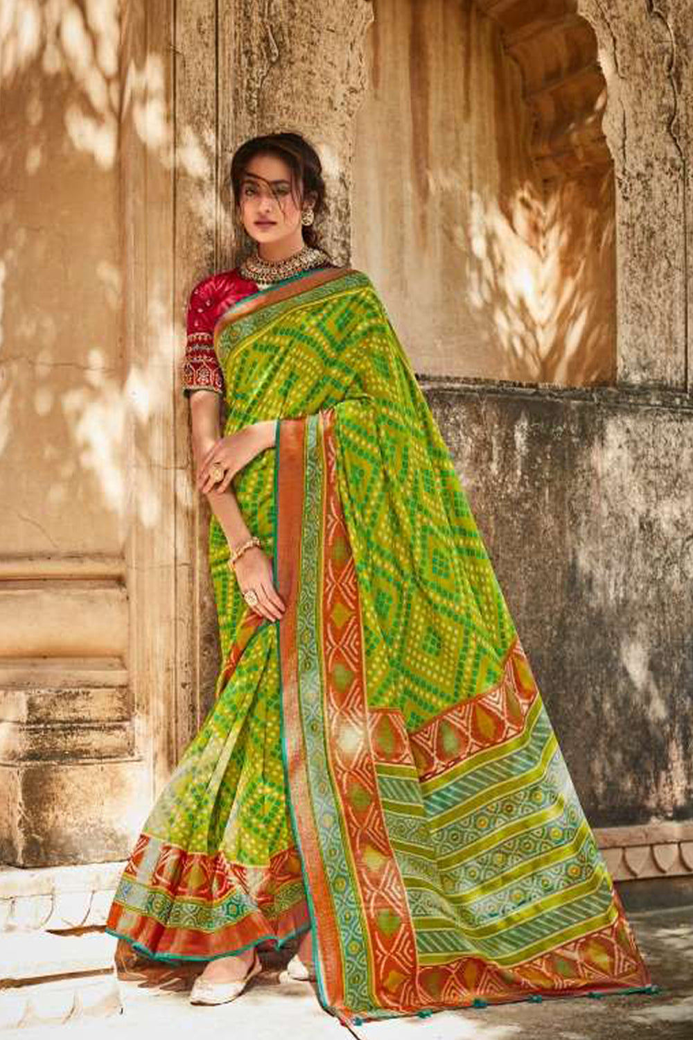 Parrot Green Brasso Silk Saree With Embroidery Blouse