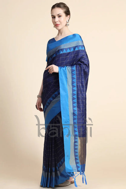 Assure Blue Golden Checks Design Soft Raw Silk Saree
