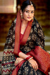 Black Cotton Silk & Golden Zari Saree With Red Blouse