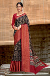 Black Cotton Silk & Golden Zari Saree With Red Blouse
