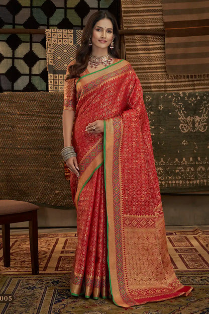 Red Traditional Indian Weaving Patola Pettern Silk Saree