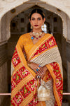 Fabulous White & Yellow Soft Cotton Silk Patola Saree