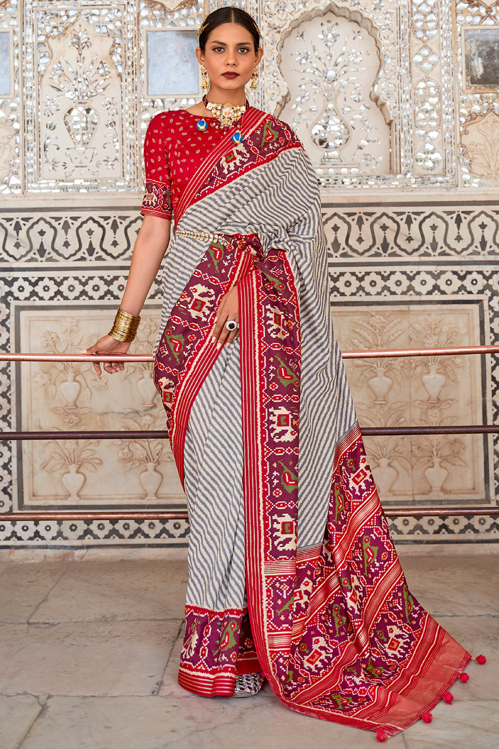 White &amp; Red Soft Cotton Silk Saree With Patola Printed Work