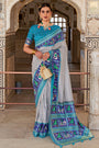 Fabulous White & Dark Sky Blue Soft Cotton Silk Patola Saree