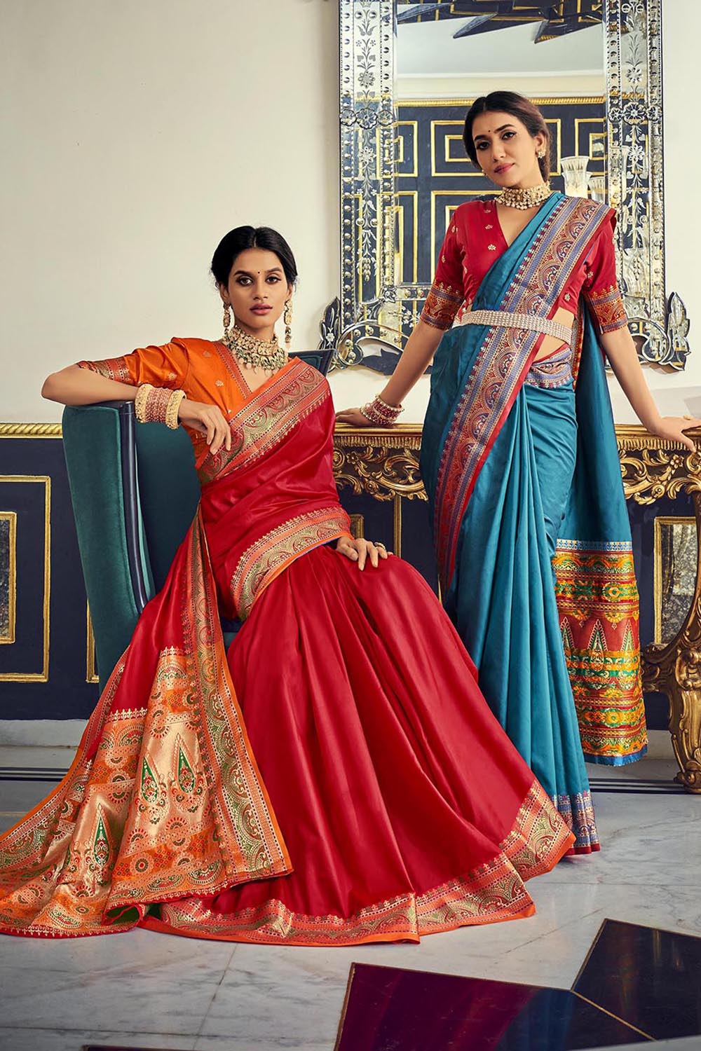 Red Banarasi Plain Silk Saree With Zari Weaving Work